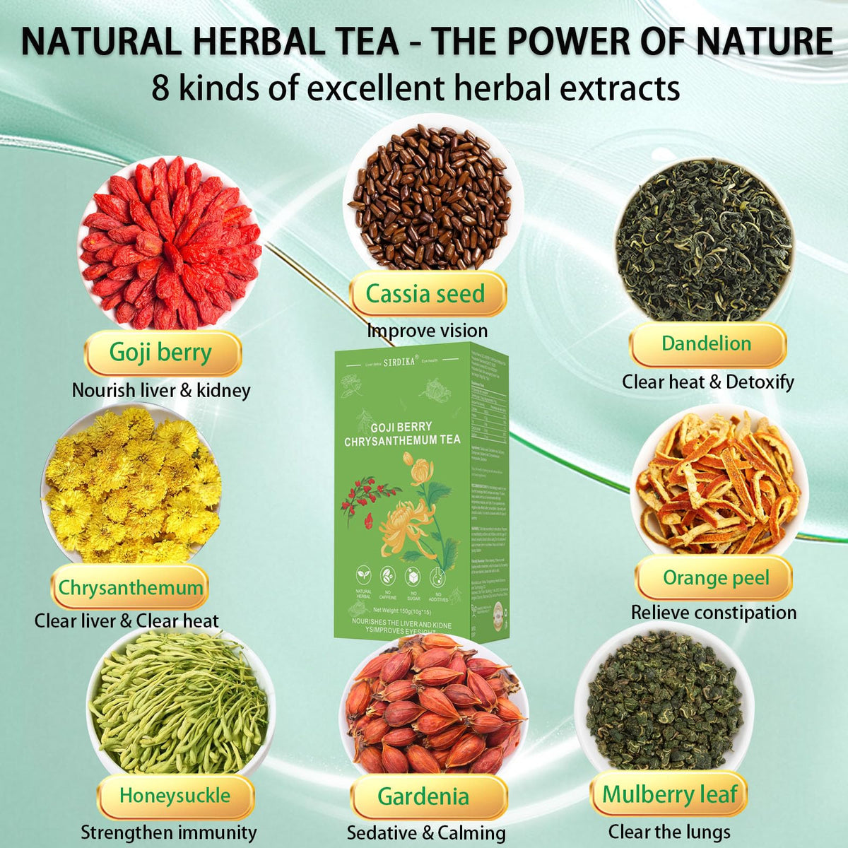 SIRDIKA Goji Berry Chrysanthemum Tea bag closeup showing premium ingredients