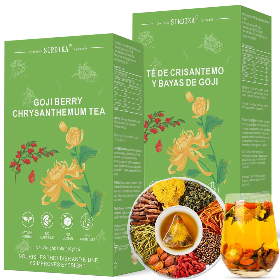 SIRDIKA Goji Berry Chrysanthemum Tea bag close-up with caffeine-free daily ritual.