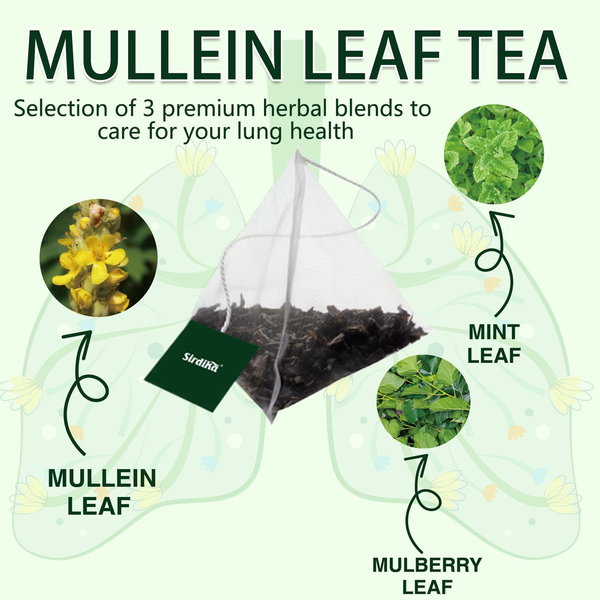 SIRDIKA Mullein Tea Bags close-up leaves highlighting earthy herbal notes for calm moments.