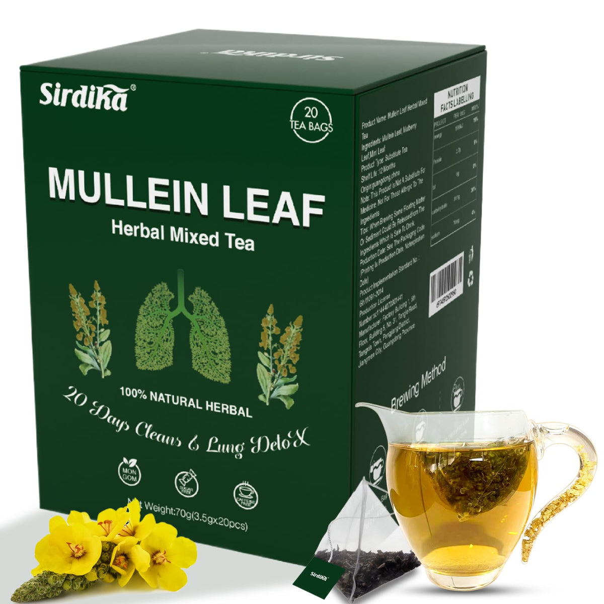SIRDIKA Mullein Tea Bags packaging displaying 20 sachets for daily use.