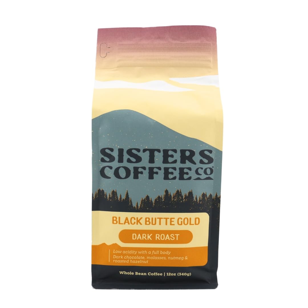 Sisters Coffee Company Black Butte Gold bag shows fresh whole beans for rich aroma.