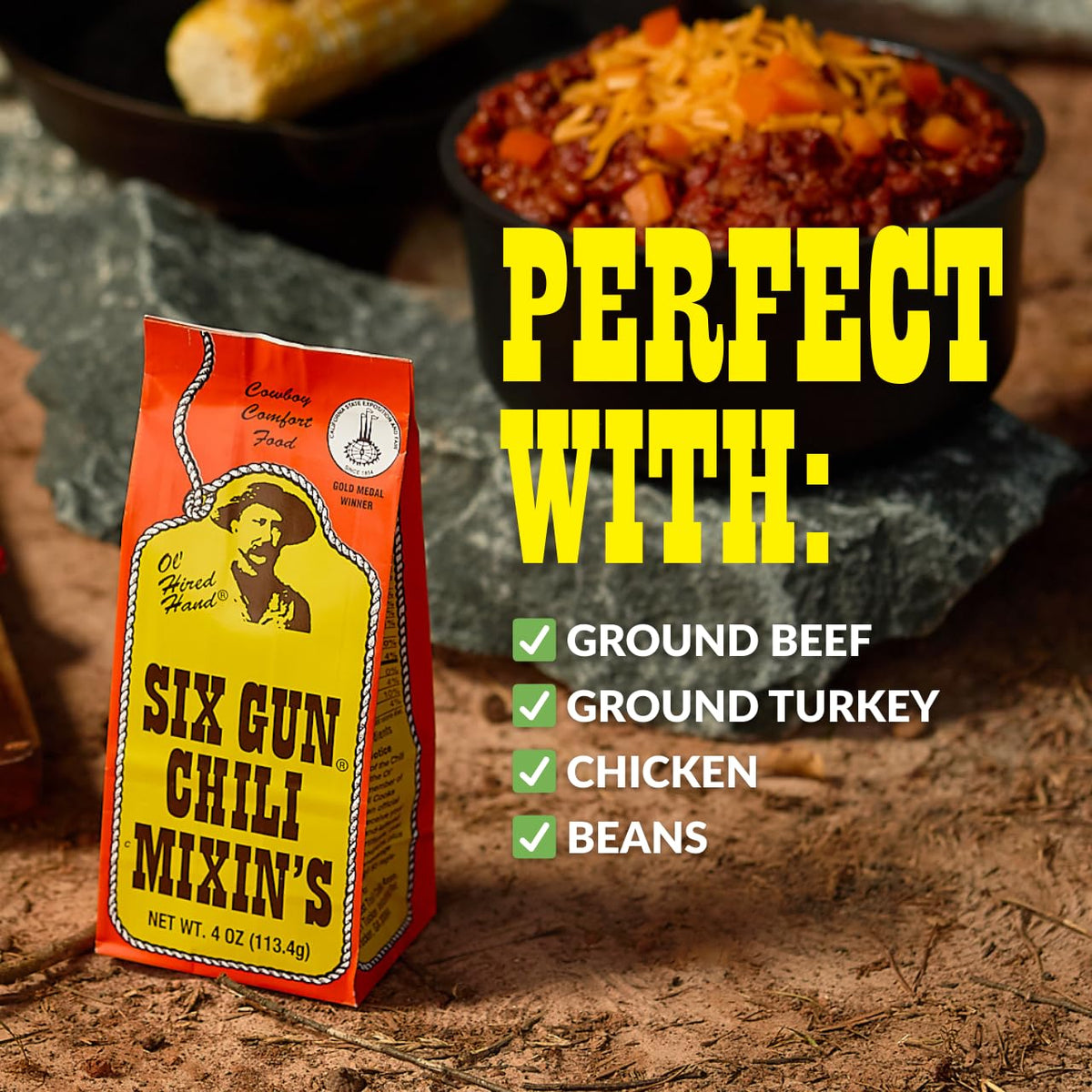 Six Gun Chili Mixin's ready-to-serve bowl showcases comforting chili.