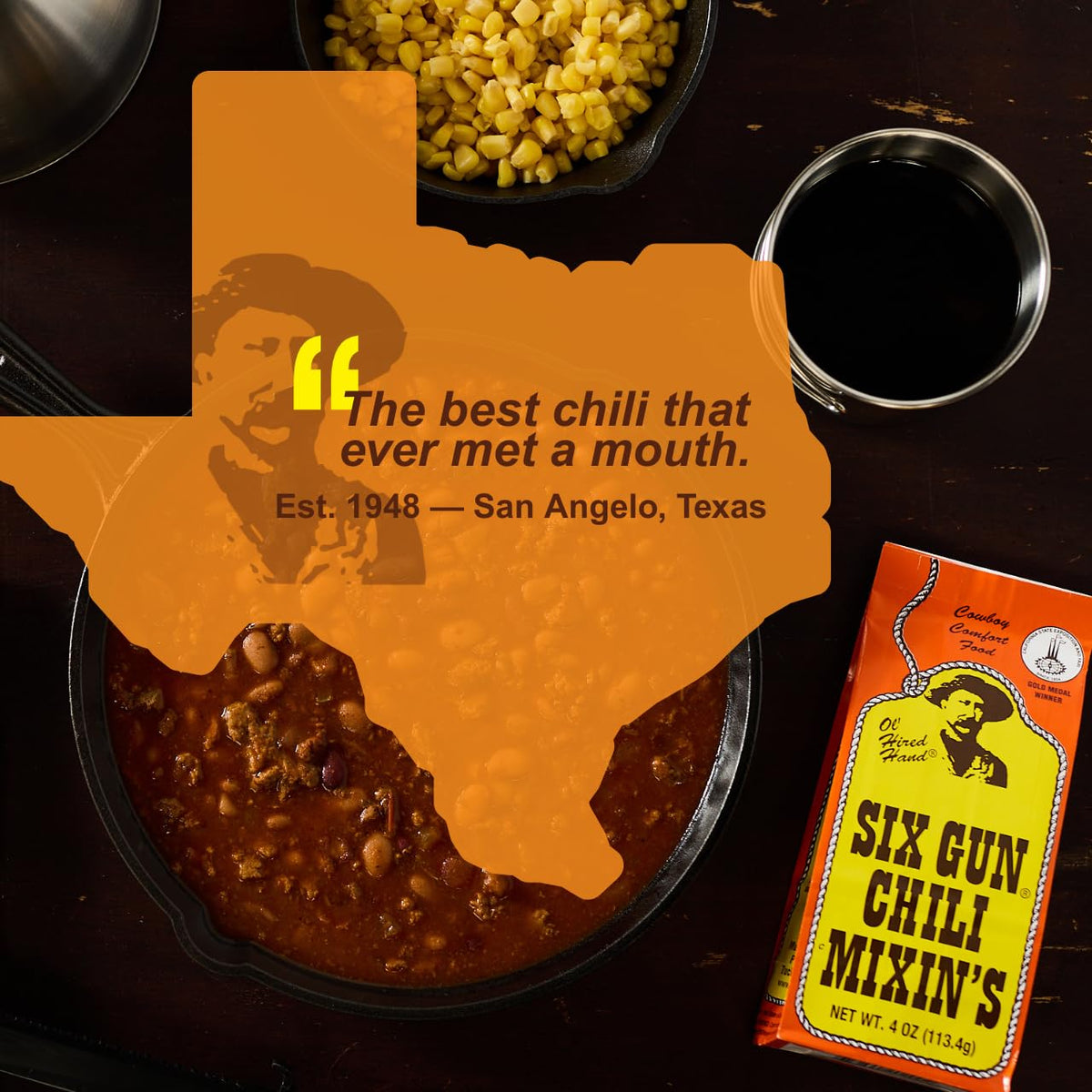 Six Gun Chili Mixin's sealed packets collection offers convenient chili prep.