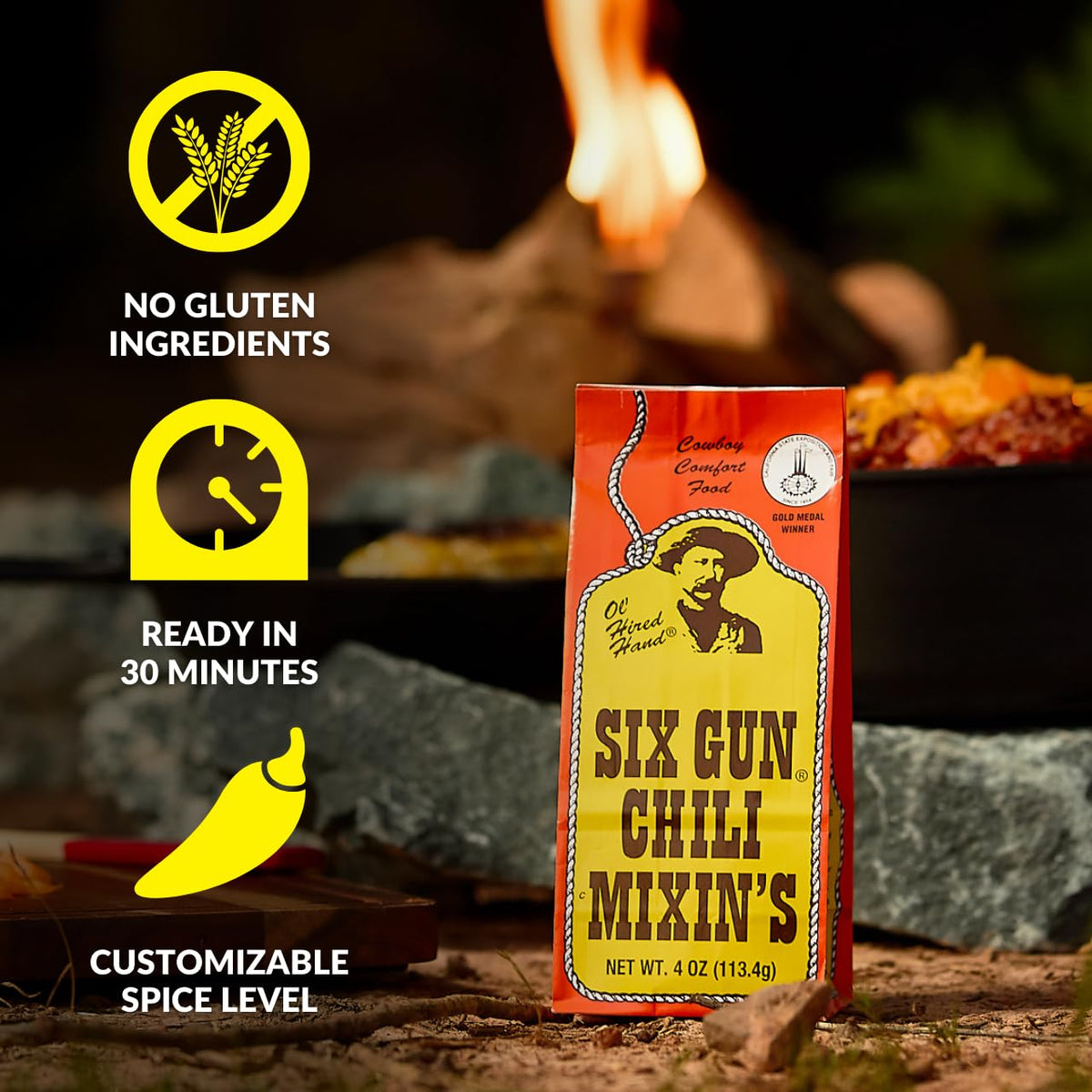 Six Gun Chili Mixin's simmering chili pot fills kitchen with aroma.
