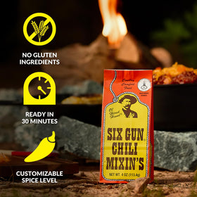 Six Gun Chili Mixin's simmering chili pot fills kitchen with aroma.