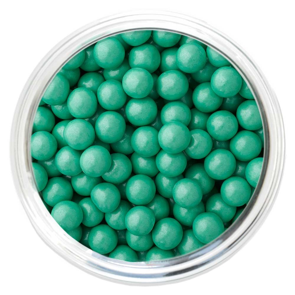 Sixlets turquoise shimmer chocolate balls for decorative dessert displays.