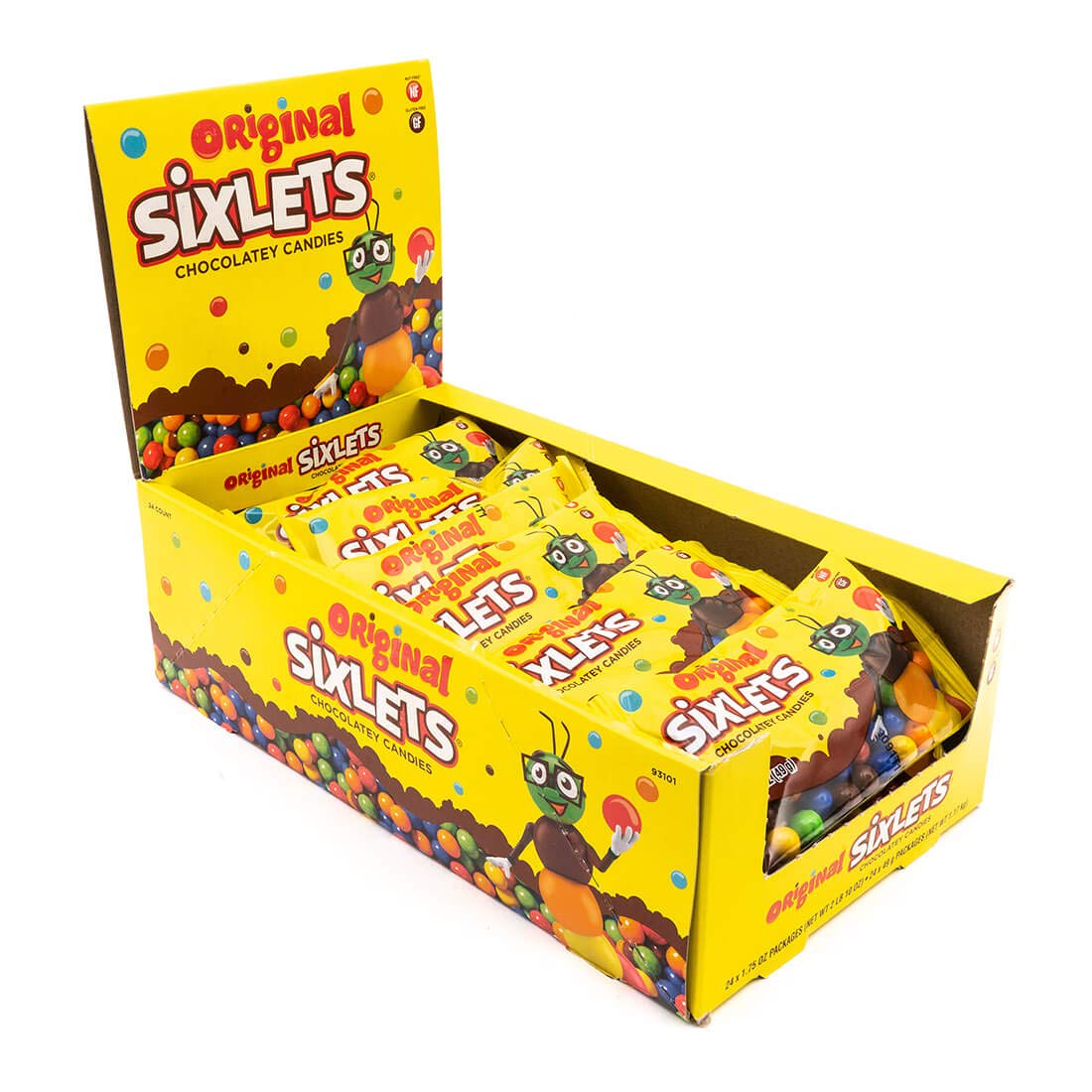 Sixlets Original chocolate candy box 24-count display with colorful packaging for party favors.