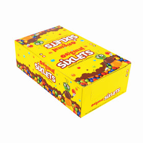 Sixlets Original chocolate candy box close-up, perfect for school lunches and sharing treats.