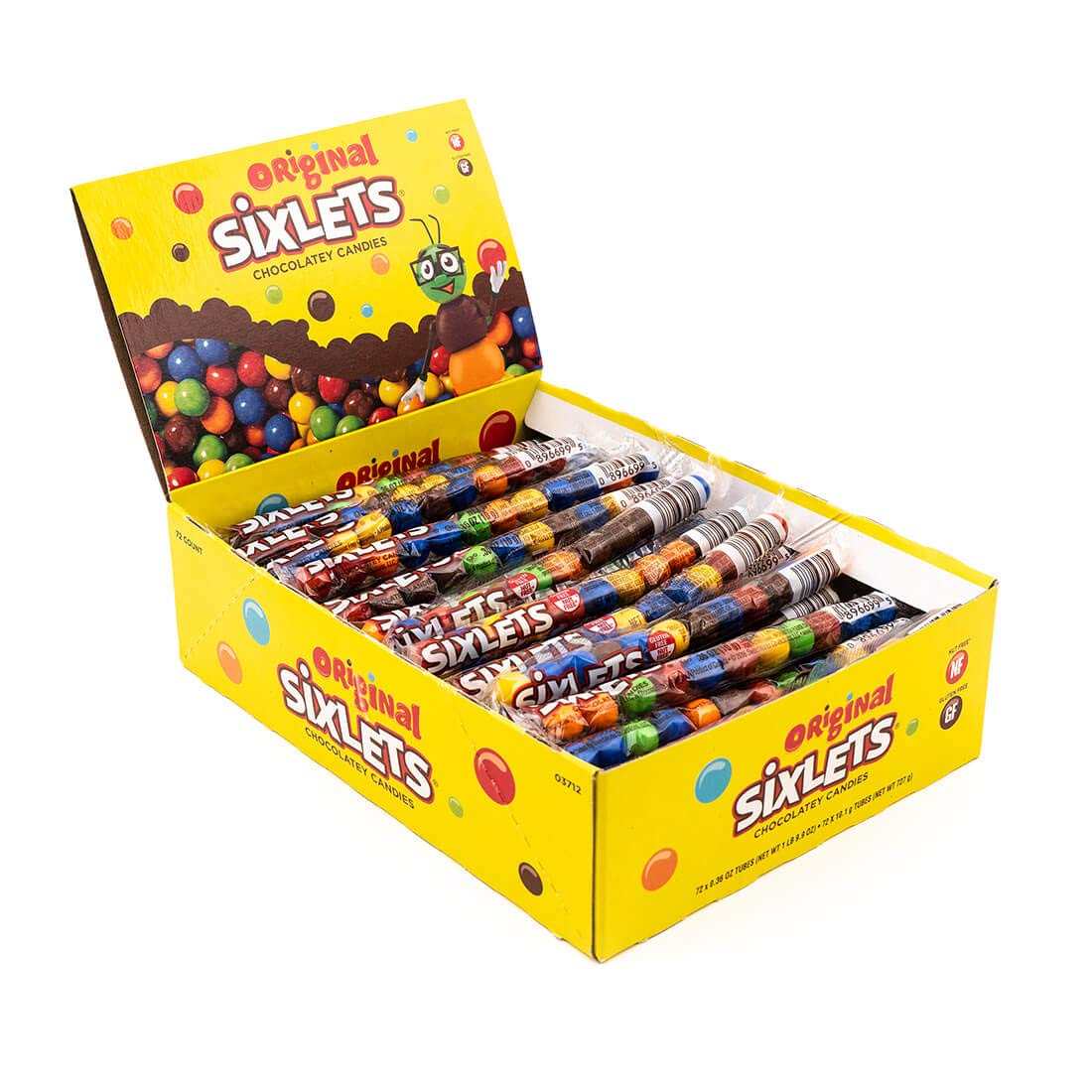 Sixlets Original twelve-ball tube display box with colorful chocolates—great for celebrations