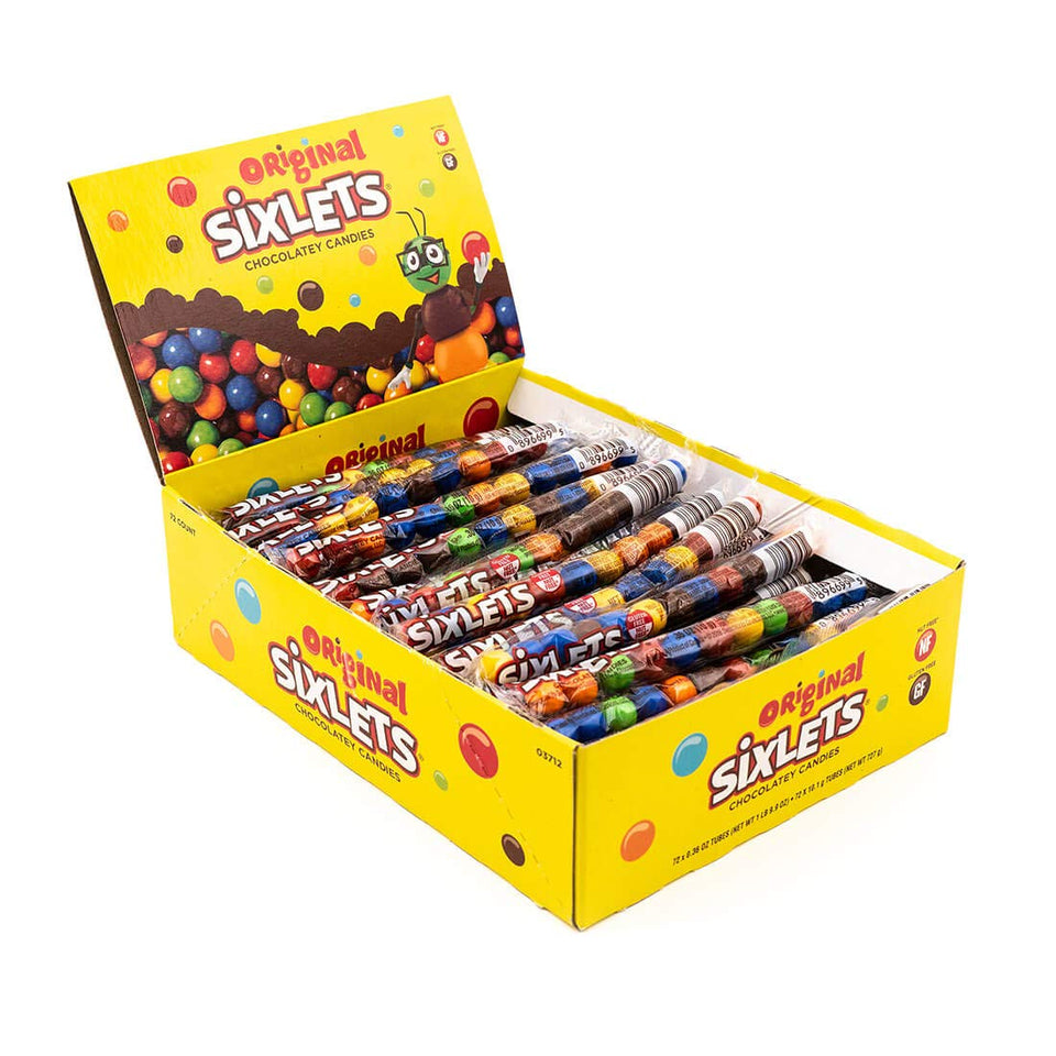 Sixlets Original twelve-ball tube display box with colorful chocolates—great for celebrations