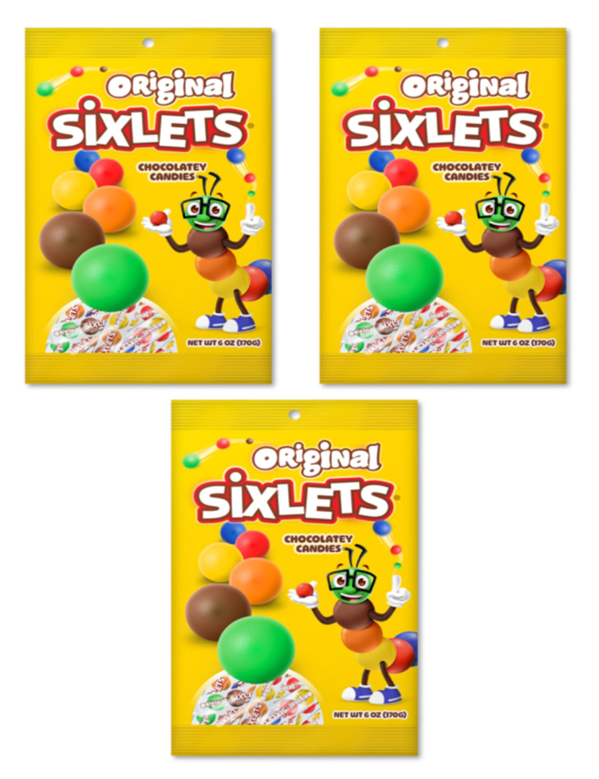 Sixlets packaging front with three 6 oz bags, ready for sharing.