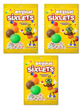 Sixlets packaging front with three 6 oz bags, ready for sharing.
