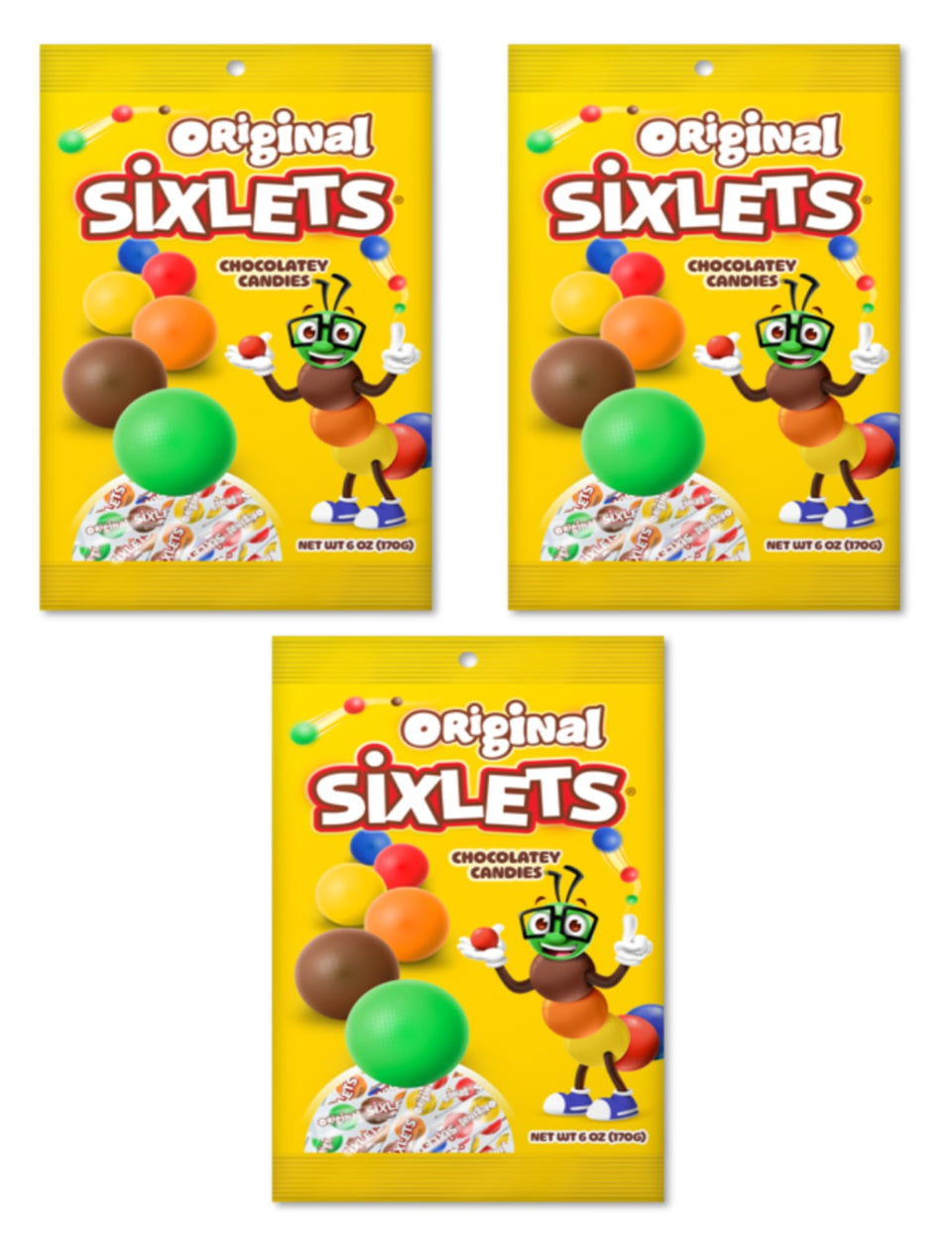 Sixlets packaging front with three 6 oz bags, ready for sharing.