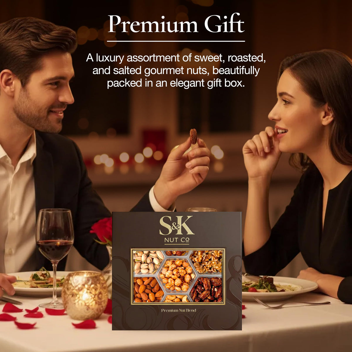 S&K Nut Co. sealed tray preserves crunch for gatherings.