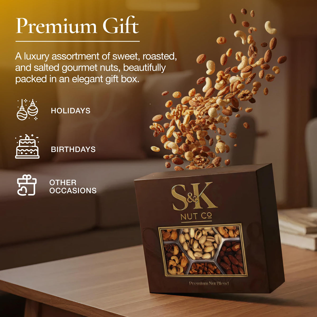 S&K Nut Co. ready-to-serve gift box showcases balanced flavors.