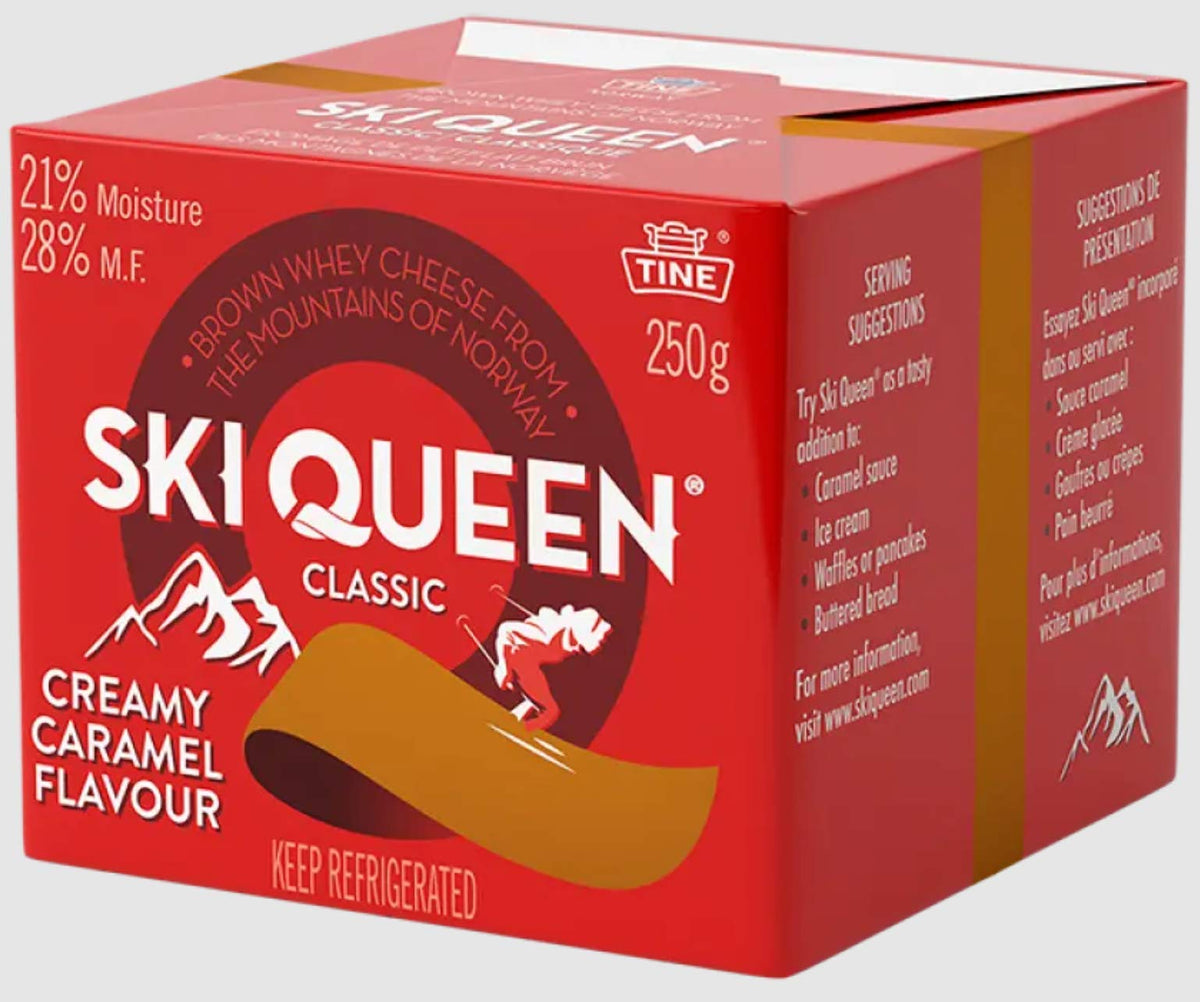 Ski Queen Gjetost Original Goat Cheese block offers creamy, caramel-like flavor ideal for breakfast and fondue.