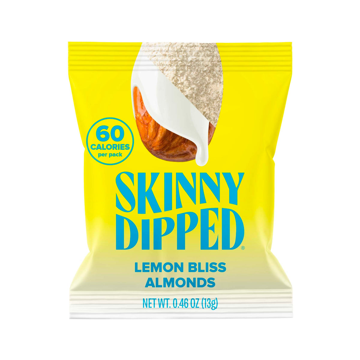 SkinnyDipped Lemon Bliss almonds mini pack in hand, a convenient on-the-go snack.
