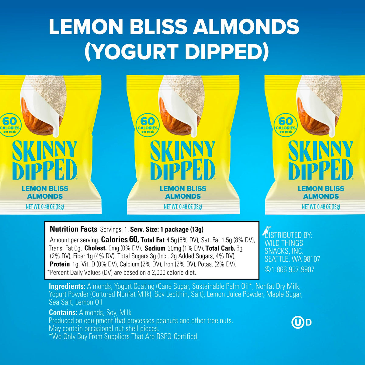 SkinnyDipped Lemon Bliss almonds box, showing 80-calorie portions for mindful snacking.