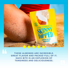 SkinnyDipped Lemon Bliss almonds in portable sachet, gym-ready.