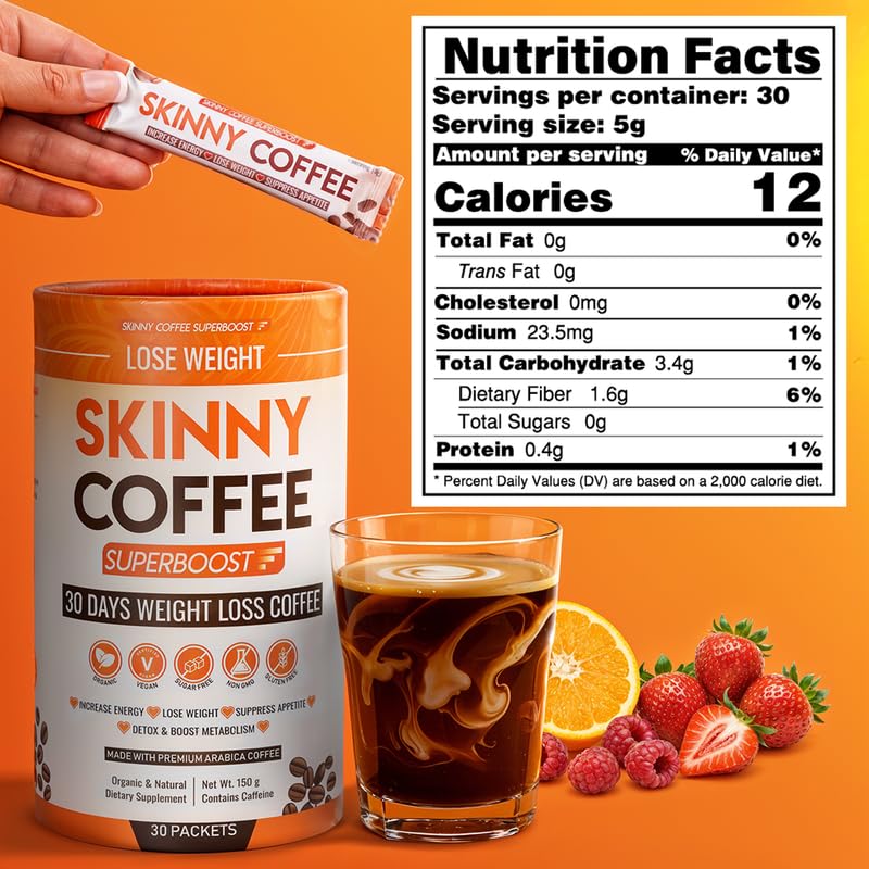 Skinny Coffee SuperBoost 100% Arabica coffee aroma in a rich cup.