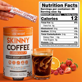 Skinny Coffee SuperBoost 100% Arabica coffee aroma in a rich cup.