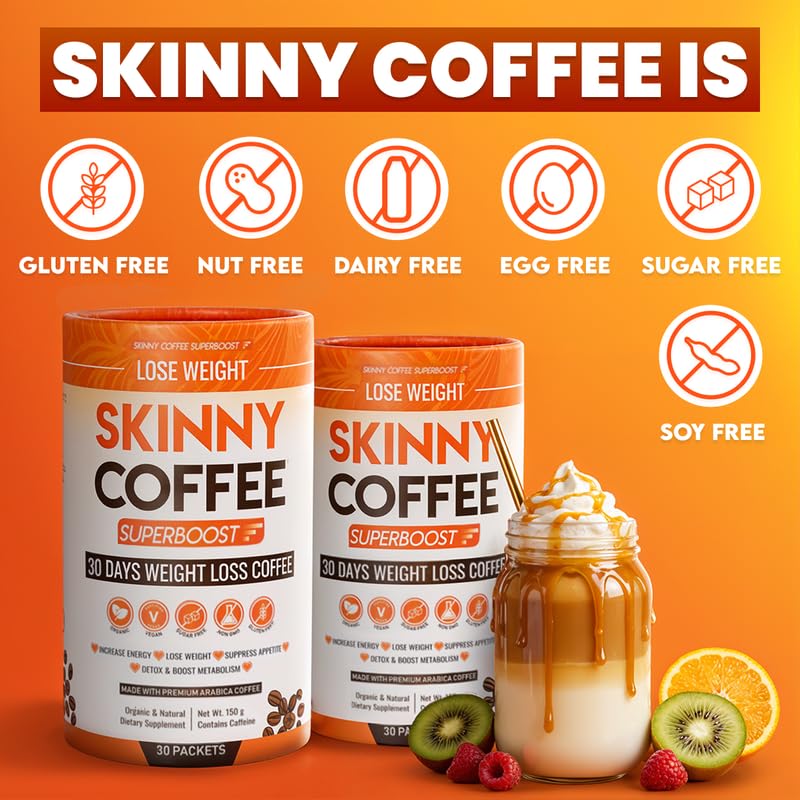 Skinny Coffee SuperBoost plant-based formula shown in a smooth vegan cup.