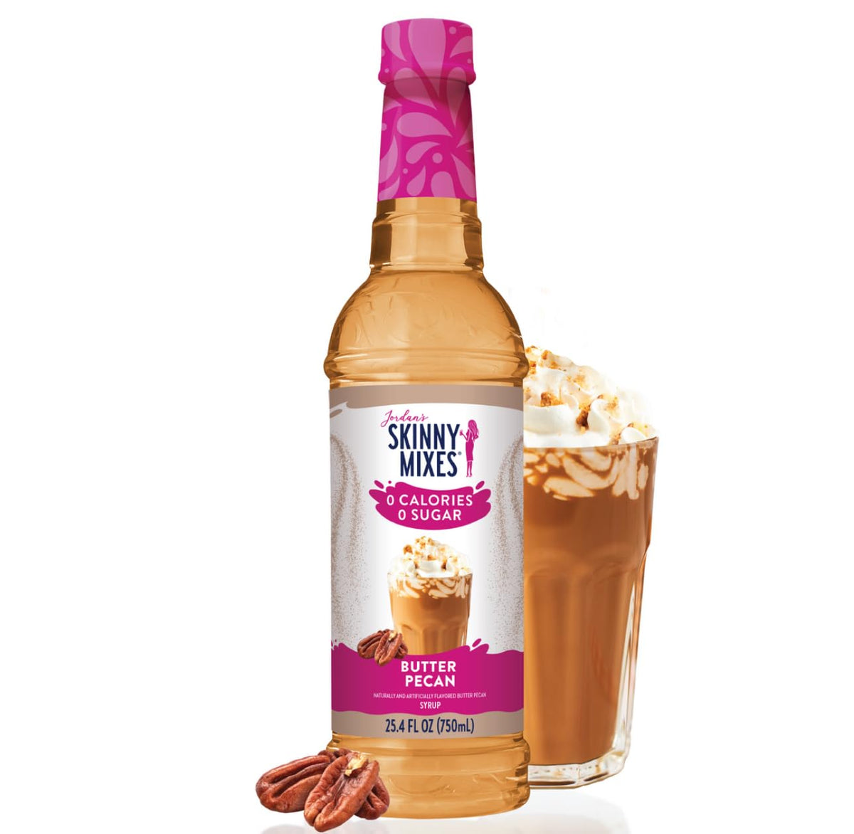 Skinny Mixes Butter Pecan bottle-pour enriching coffee with zero-calorie flavor.