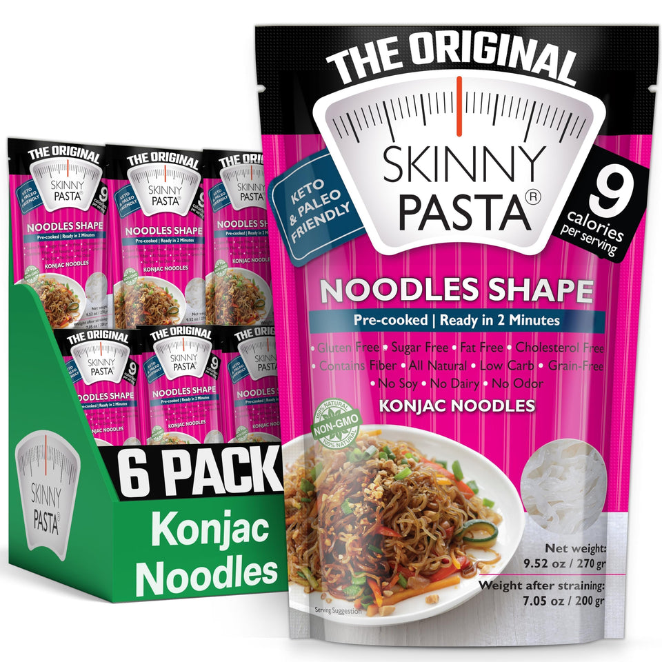 Skinny Pasta Angel Hair packaging shows a low-calorie gluten-free option for meals.
