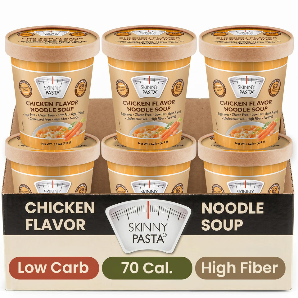 Skinny Pasta Chicken Soup pack shows 6-pack convenience for quick meals