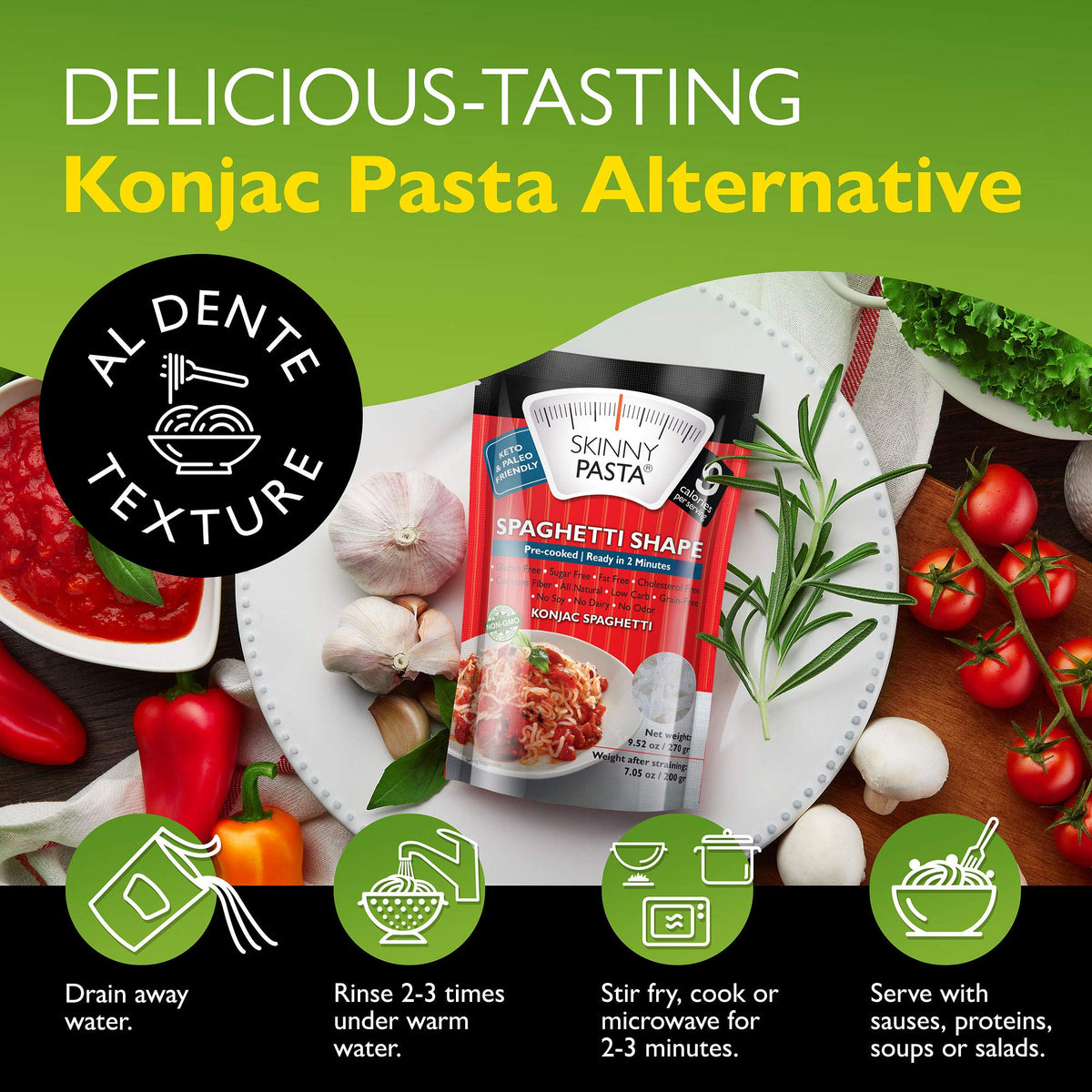 Skinny Pasta gluten free label signals a safe gluten free option.