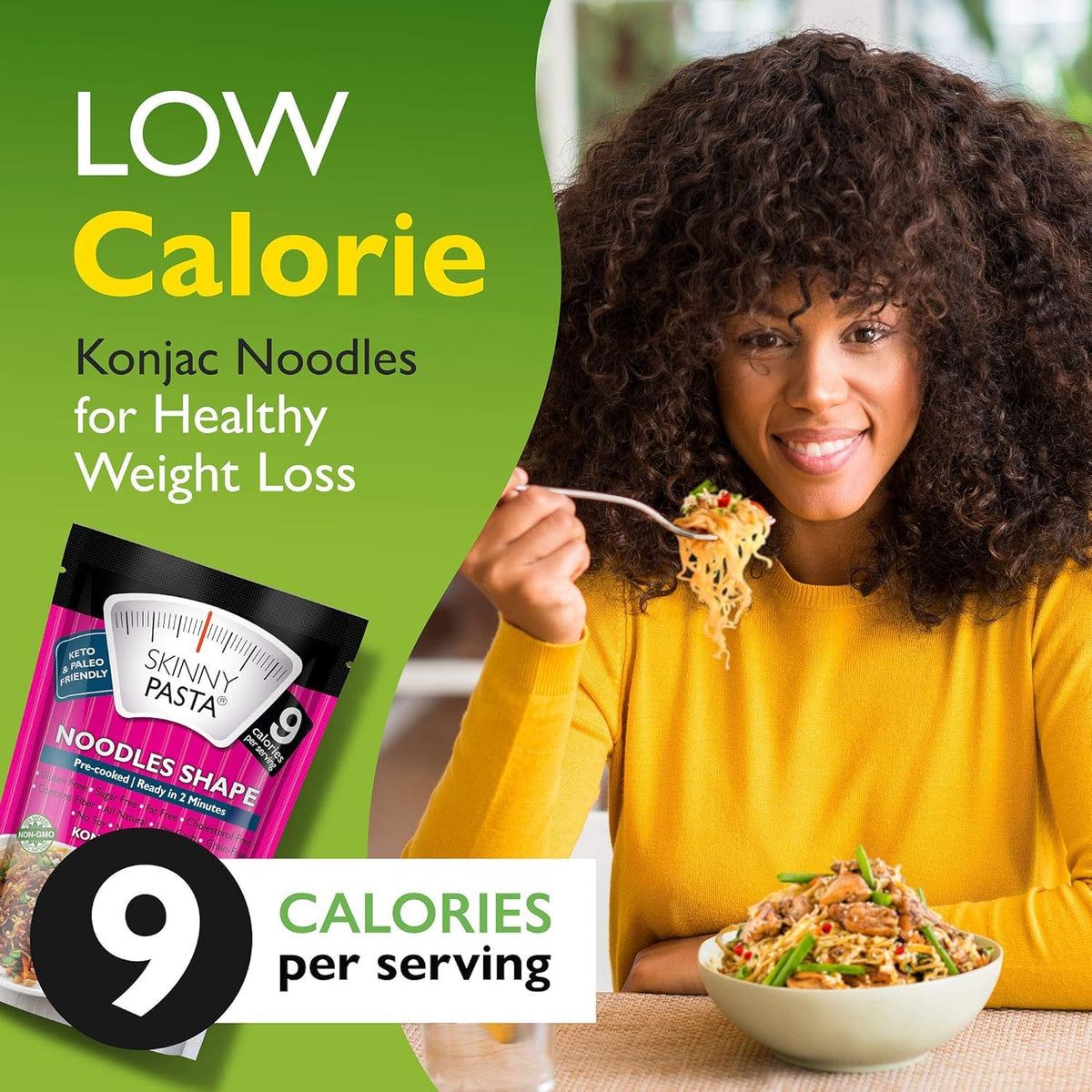 Skinny Pasta Konjac ingredients close-up highlighting glucomannan for fiber-rich meals.