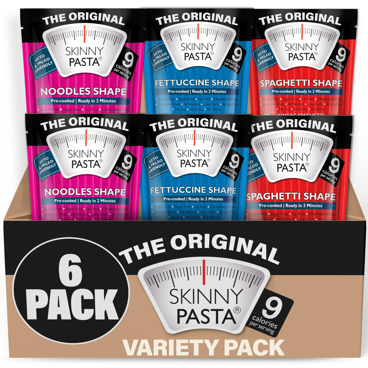 Skinny Pasta traditional noodles show a low-calorie option for quick meals.