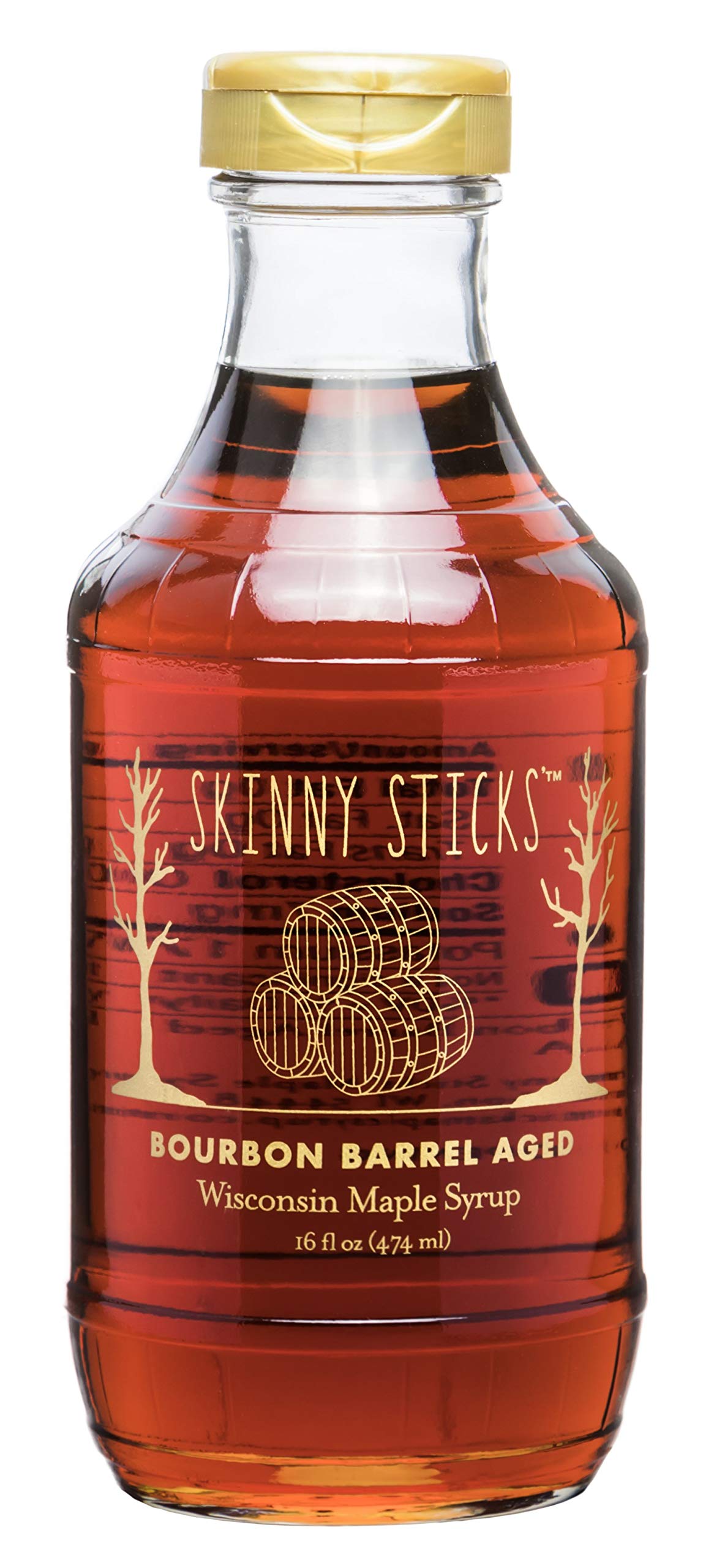 Skinny Sticks Kentucky Bourbon Barrel Aged Maple Syrup bottle pour reveals rich maple-bourbon aroma, great on pancakes.
