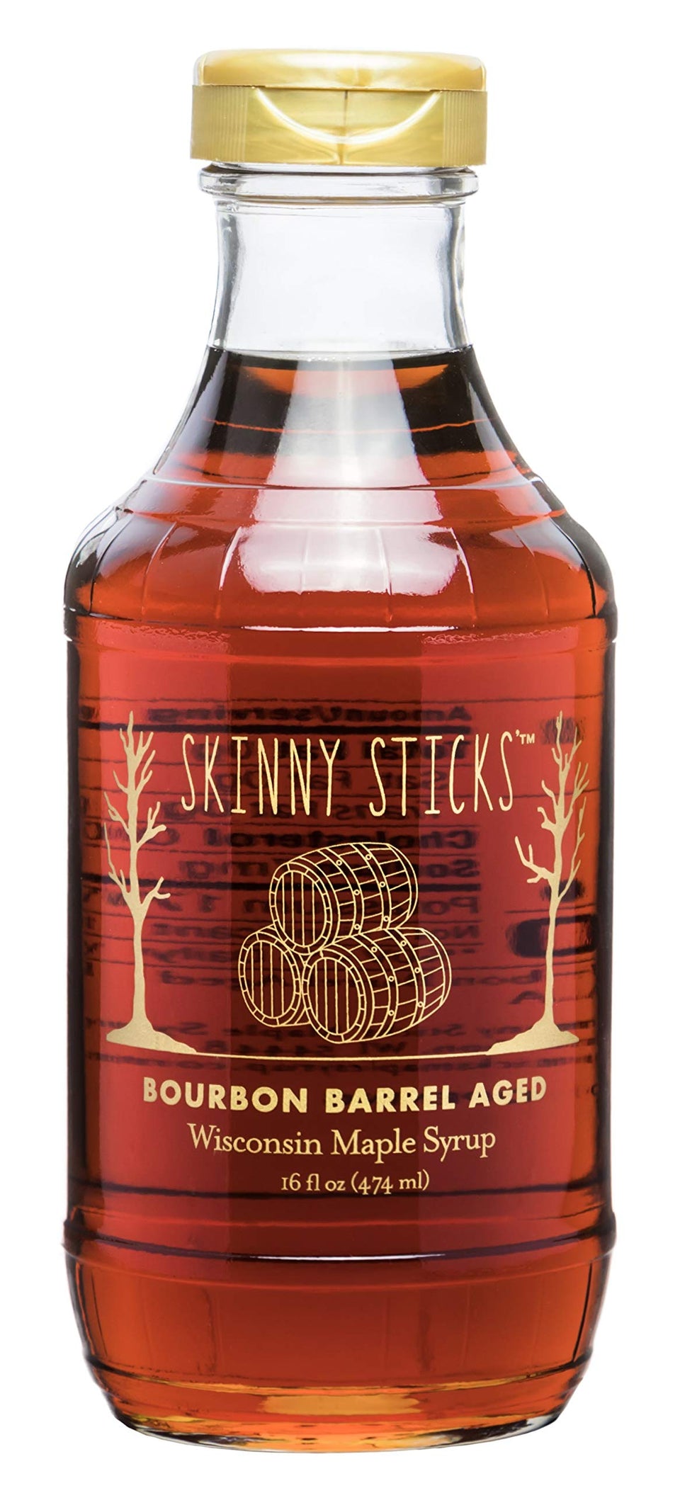 Skinny Sticks Kentucky Bourbon Barrel Aged Maple Syrup bottle pour reveals rich maple-bourbon aroma, great on pancakes.