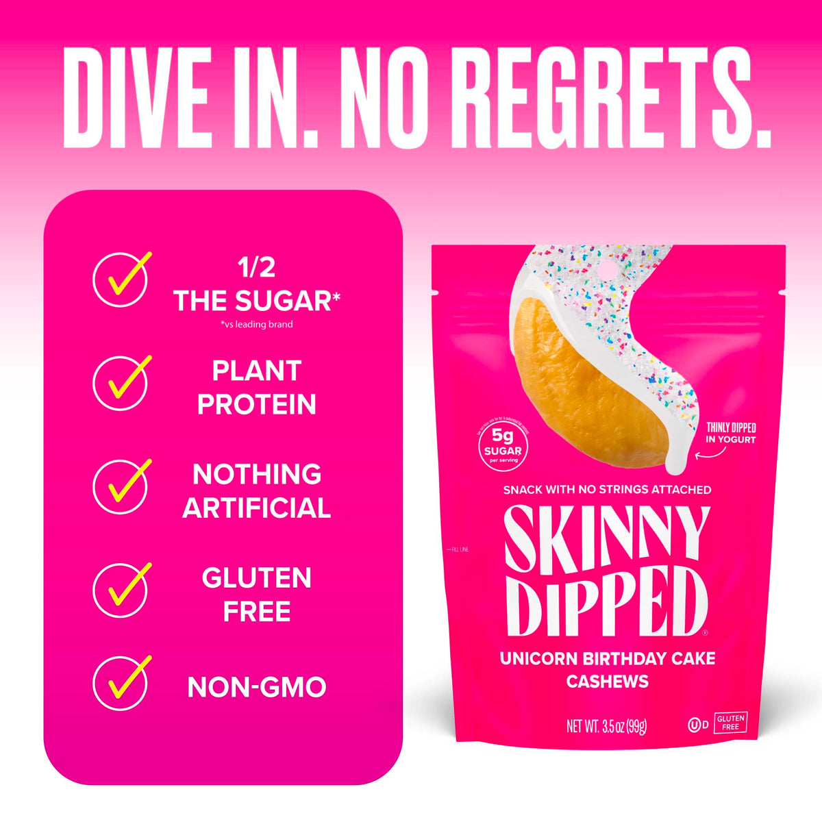 SkinnyDipped Birthday Cake Cashews bag open, ready for gluten-free indulgence