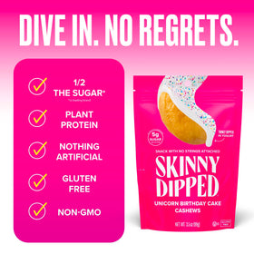 SkinnyDipped Birthday Cake Cashews bag open, ready for gluten-free indulgence