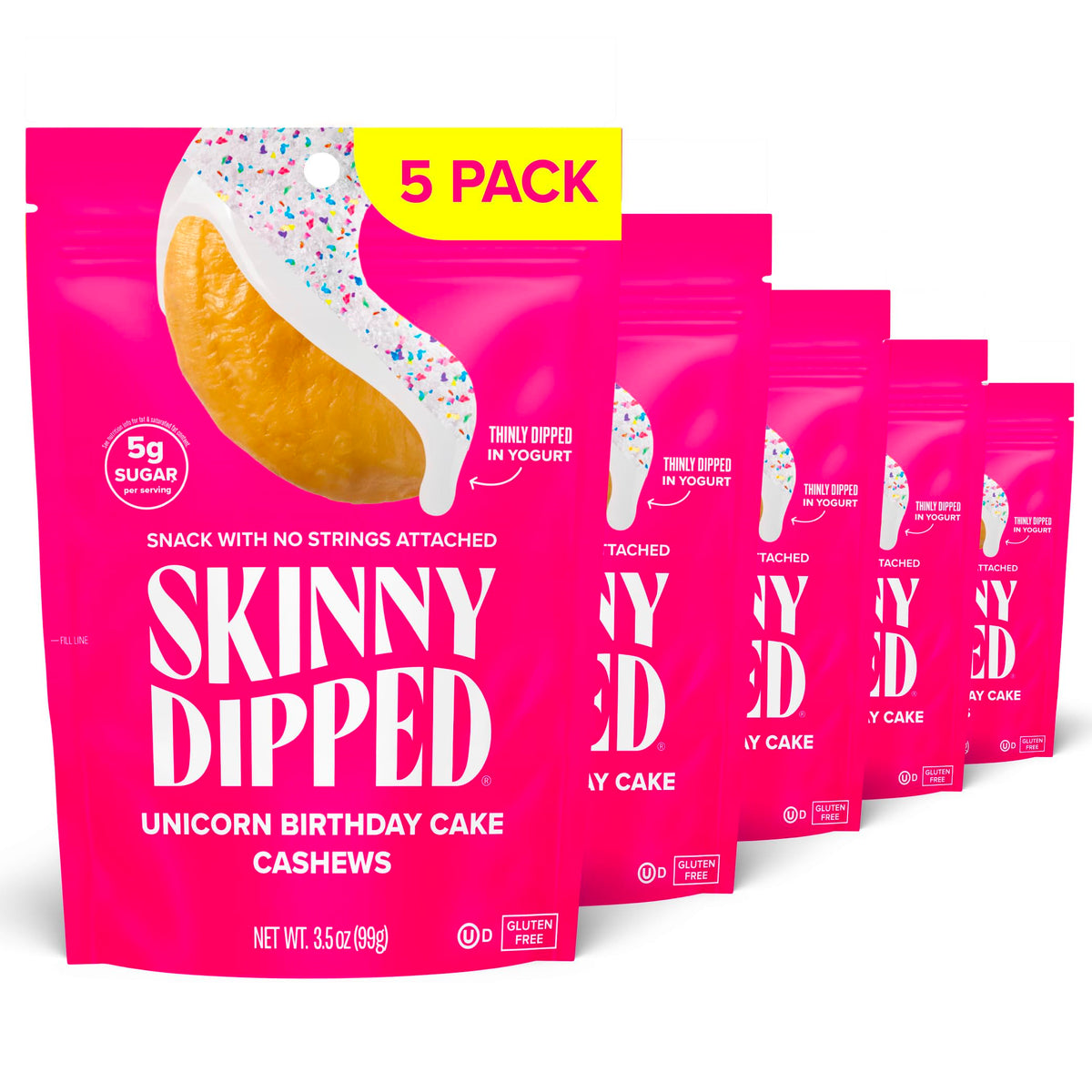 SkinnyDipped Birthday Cake Cashews pack shot for a protein-packed snack on the go