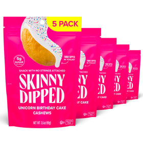 SkinnyDipped Birthday Cake Cashews pack shot for a protein-packed snack on the go