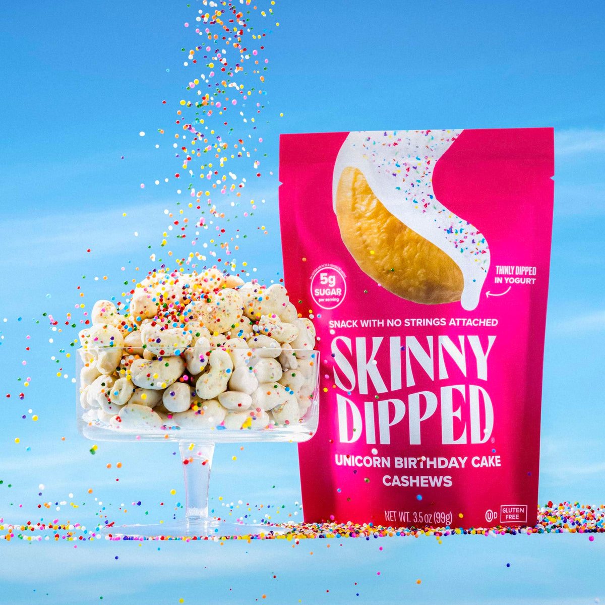 SkinnyDipped Birthday Cake Cashews resealable bag keeps freshness for on-the-go snacking