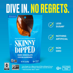 SkinnyDipped resealable bag of dark chocolate almonds on a table