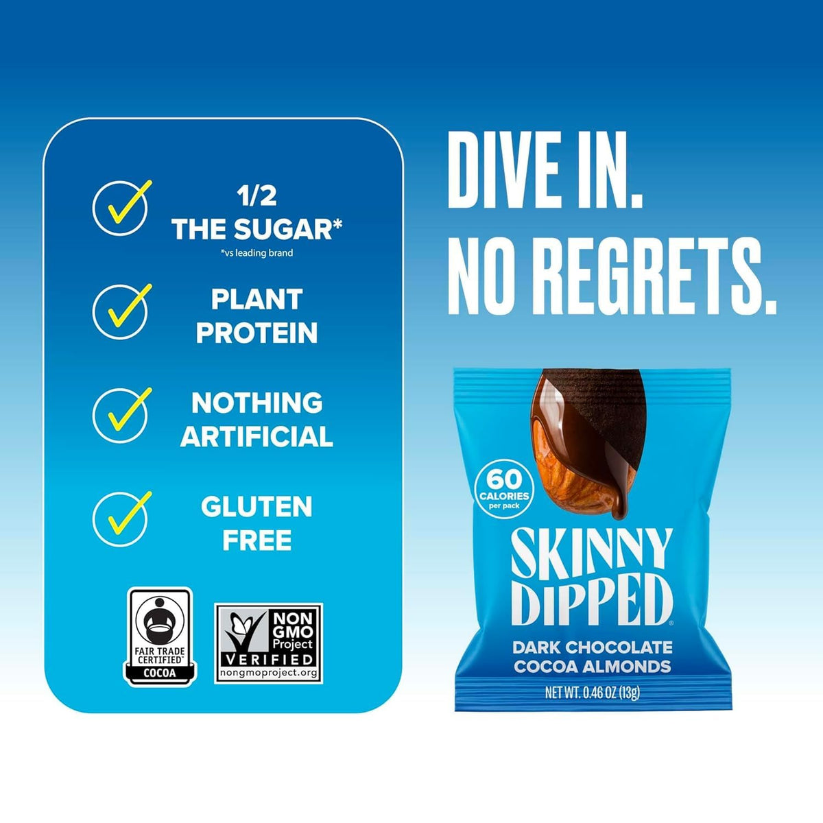 SKINNYDIPPED Dark Chocolate Cocoa Almonds almond-crunch close-up—protein-rich plant snack.