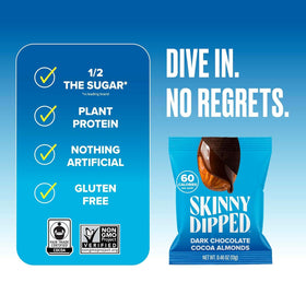 SKINNYDIPPED Dark Chocolate Cocoa Almonds almond-crunch close-up—protein-rich plant snack.