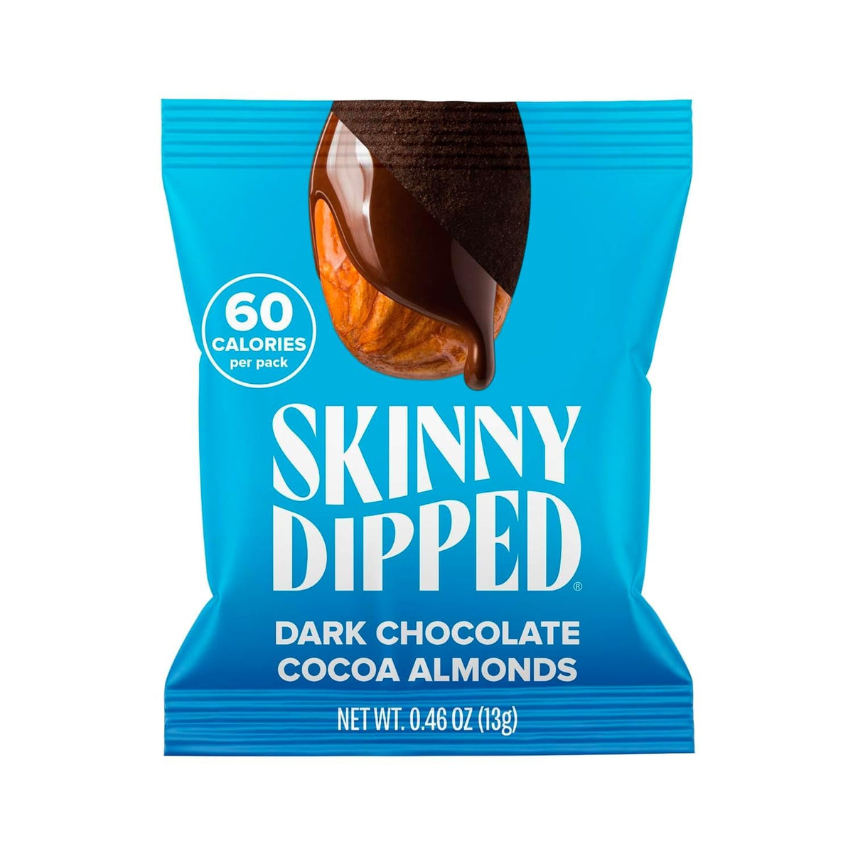 SKINNYDIPPED Dark Chocolate Cocoa Almonds mini bag front—crunchy, on-the-go snack.