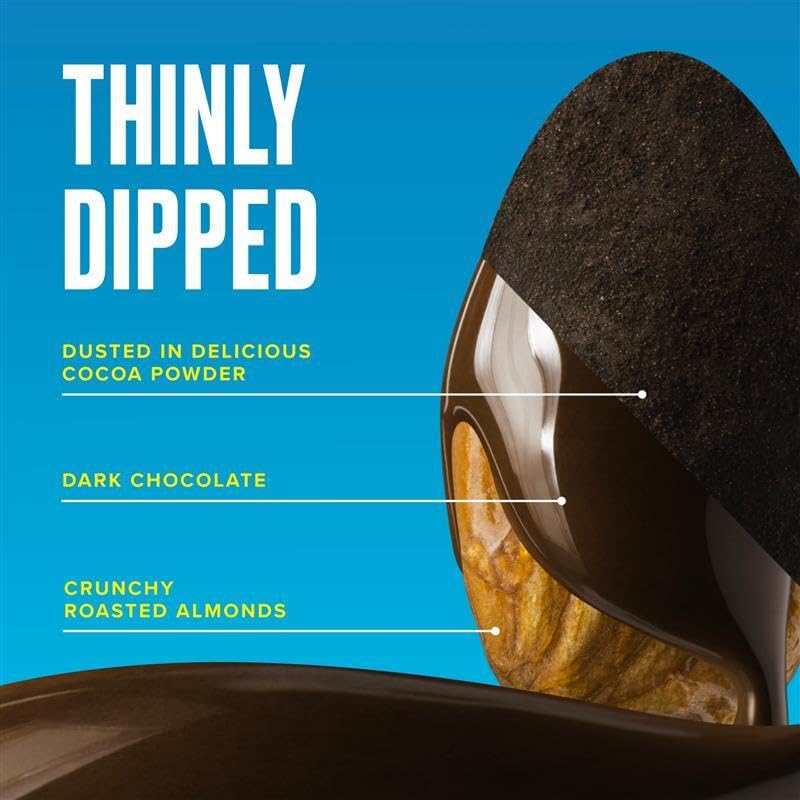 SKINNYDIPPED Dark Chocolate Cocoa Almonds sea-salt-finish—balanced sweet-salty bite.