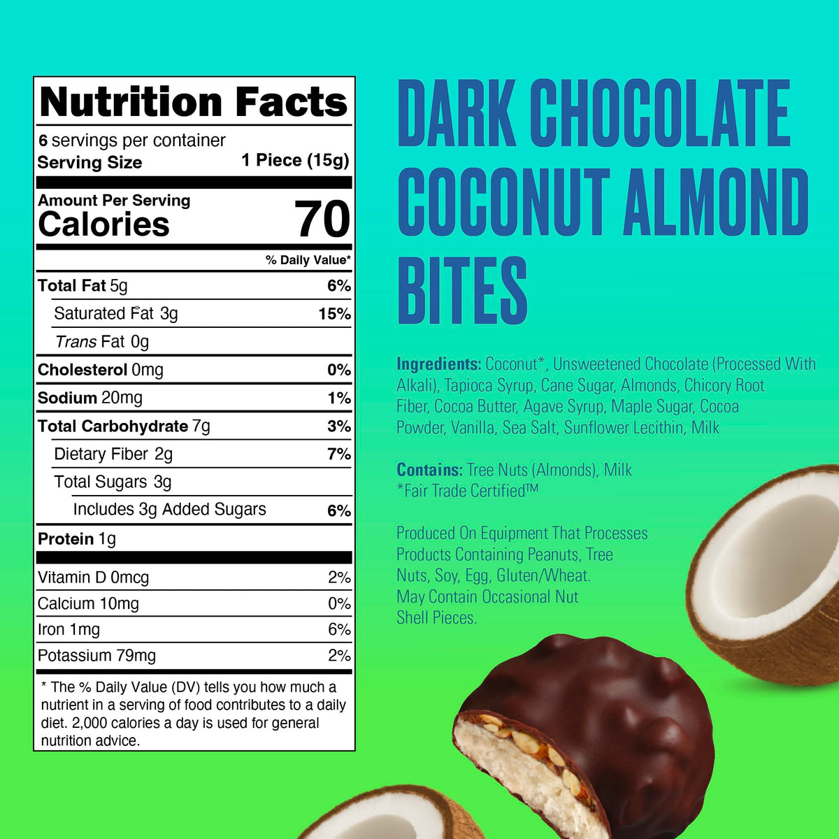Close-up of SkinnyDipped bites showing coconut, almonds, and dark chocolate shell.