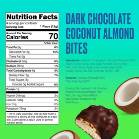 Close-up of SkinnyDipped bites showing coconut, almonds, and dark chocolate shell.