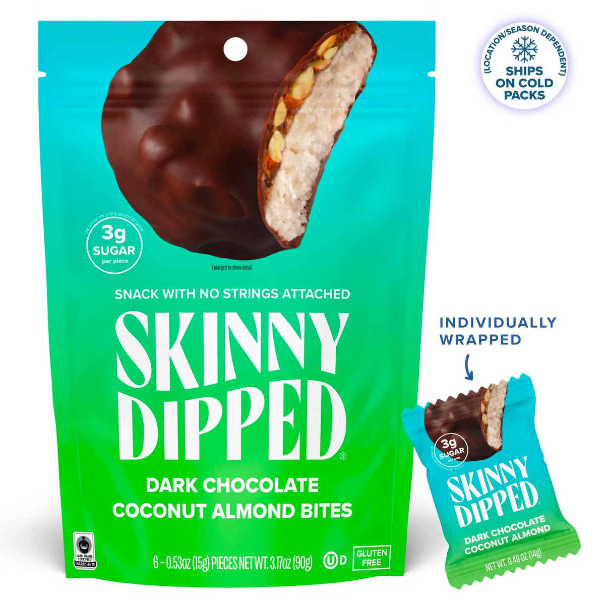 SkinnyDipped bites with ingredients in a glass bowl, highlighting natural flavors.