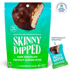 SkinnyDipped bites with ingredients in a glass bowl, highlighting natural flavors.