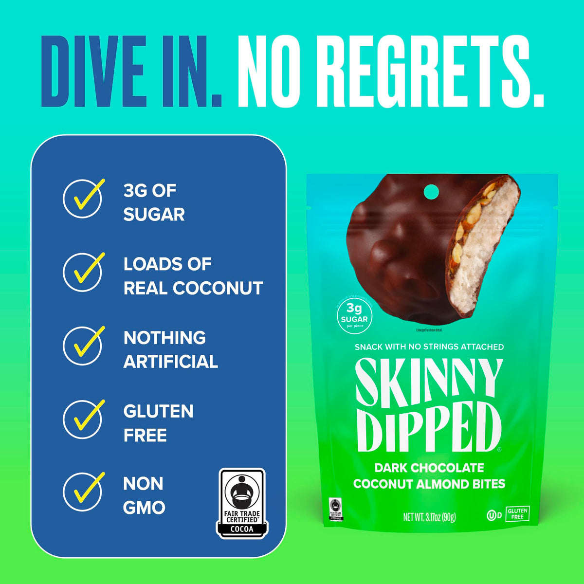 Dark chocolate coating detail on SkinnyDipped coconut almond bite close-up.