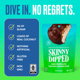 Dark chocolate coating detail on SkinnyDipped coconut almond bite close-up.